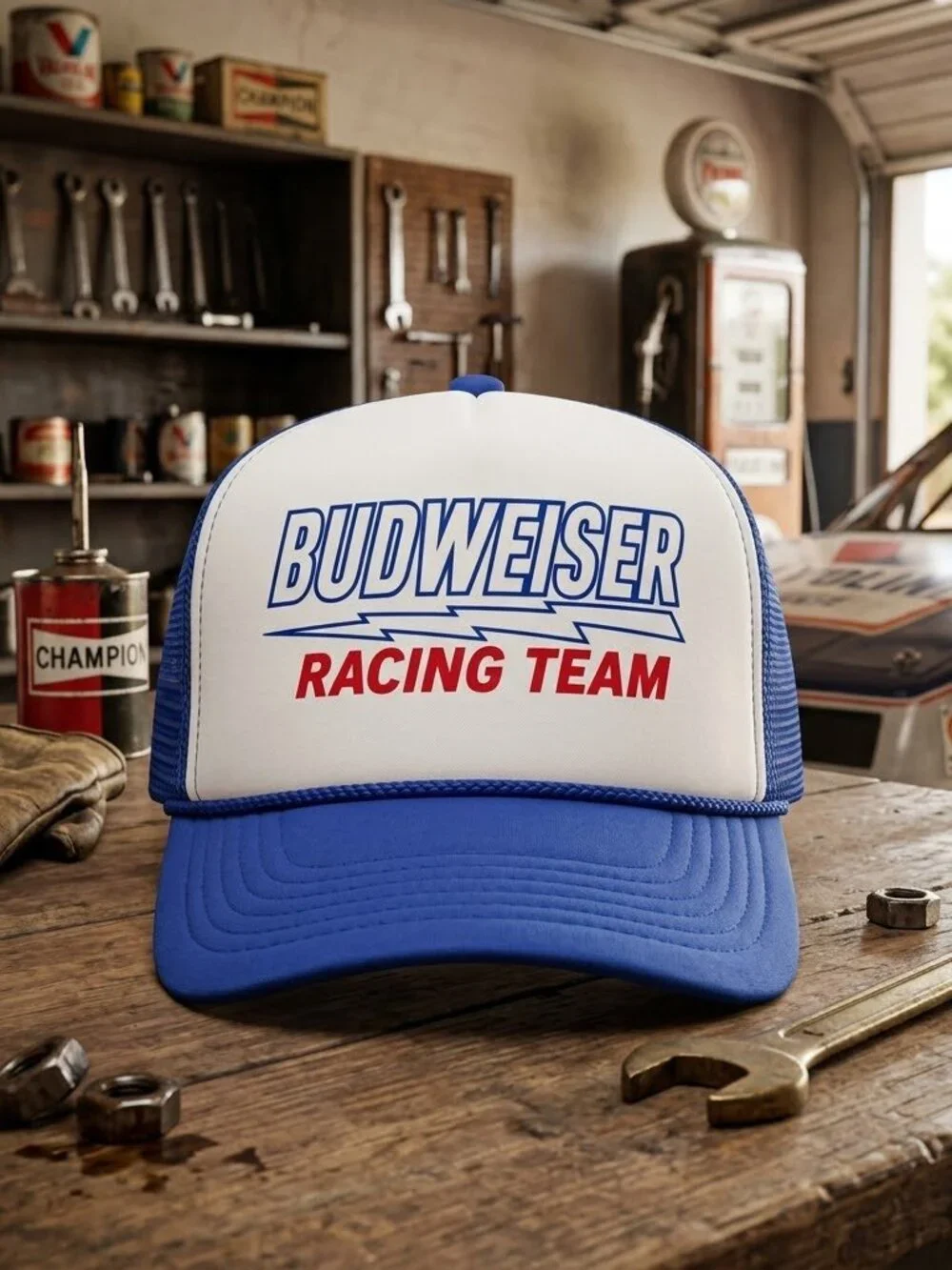 Retro Budweiser Racing Team Foam Trucker Hat Blue White Rope Snapback Cap 80s